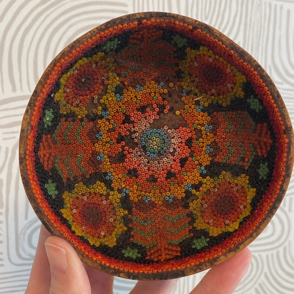 Vintage Huichol Mexican Bead Folk Art Gourd-Prayer Bowl